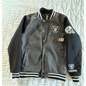 NFL Raiders Jacket Varsity Style Full Snap Patches Black Gray Mens